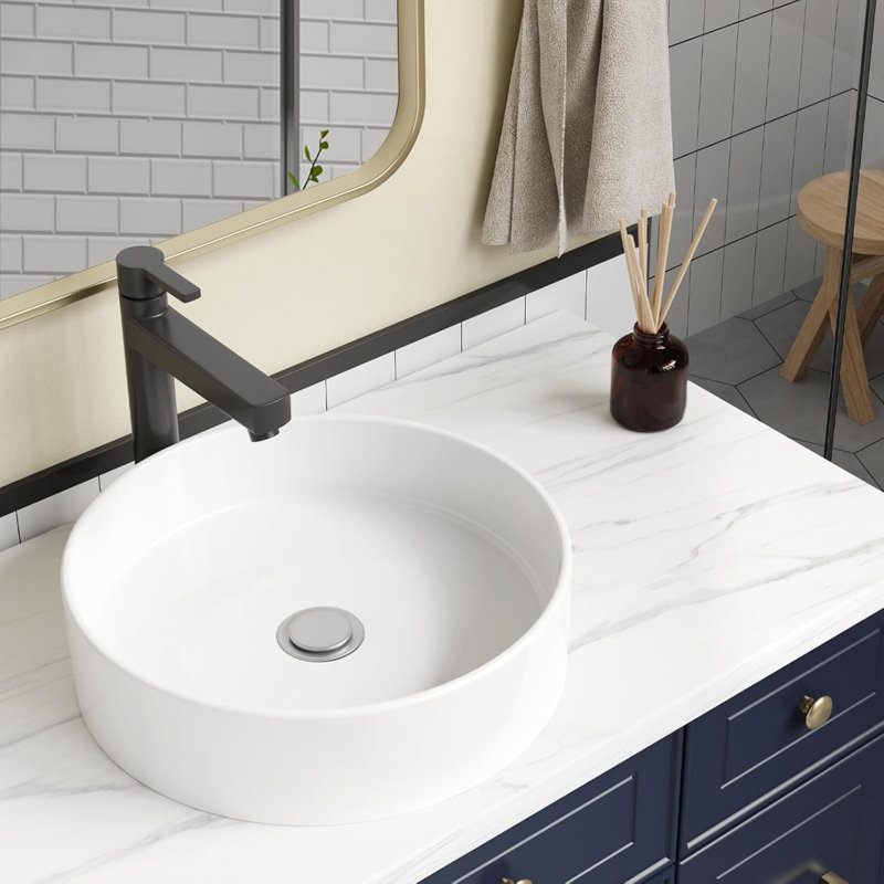 gaomon Vessel Sink Round, 18"X18" Bathroom Sink White Ceramic Lavatory ...